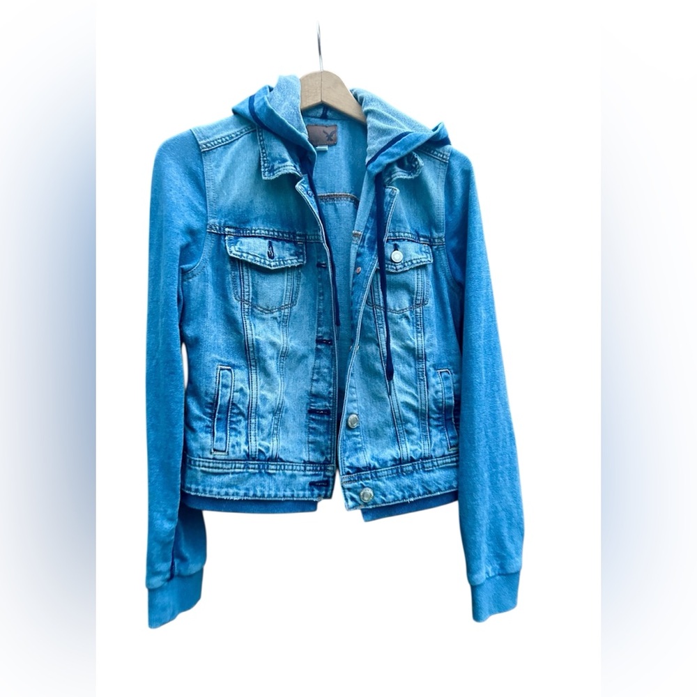 American Eagle Jacket Hooded Denim Coat  Blue Mixed Media TruckerStyle Womens M
